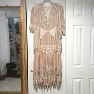 Beautiful vintage bead & pearl embroidered silk pink dress very josephine baker